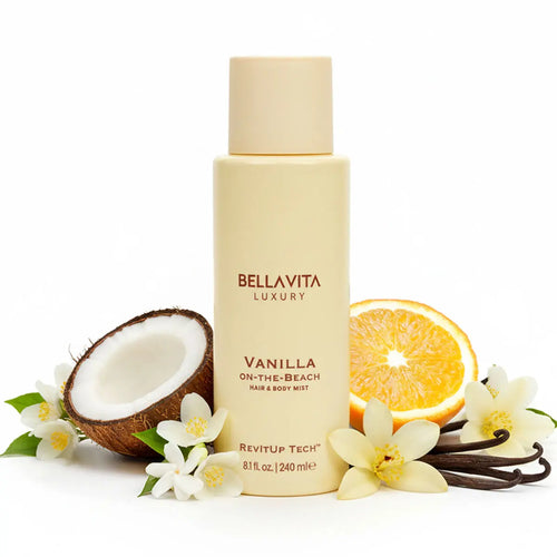 Bellavita Luxury Vanilla on the Beach Hair & Body Mist for Women | Sweet Vanilla Amber Body Spray | Hair and Body Mist Perfume | Warm Whipped Vanilla Scent | 240 ML | 8.12 Fl.Oz